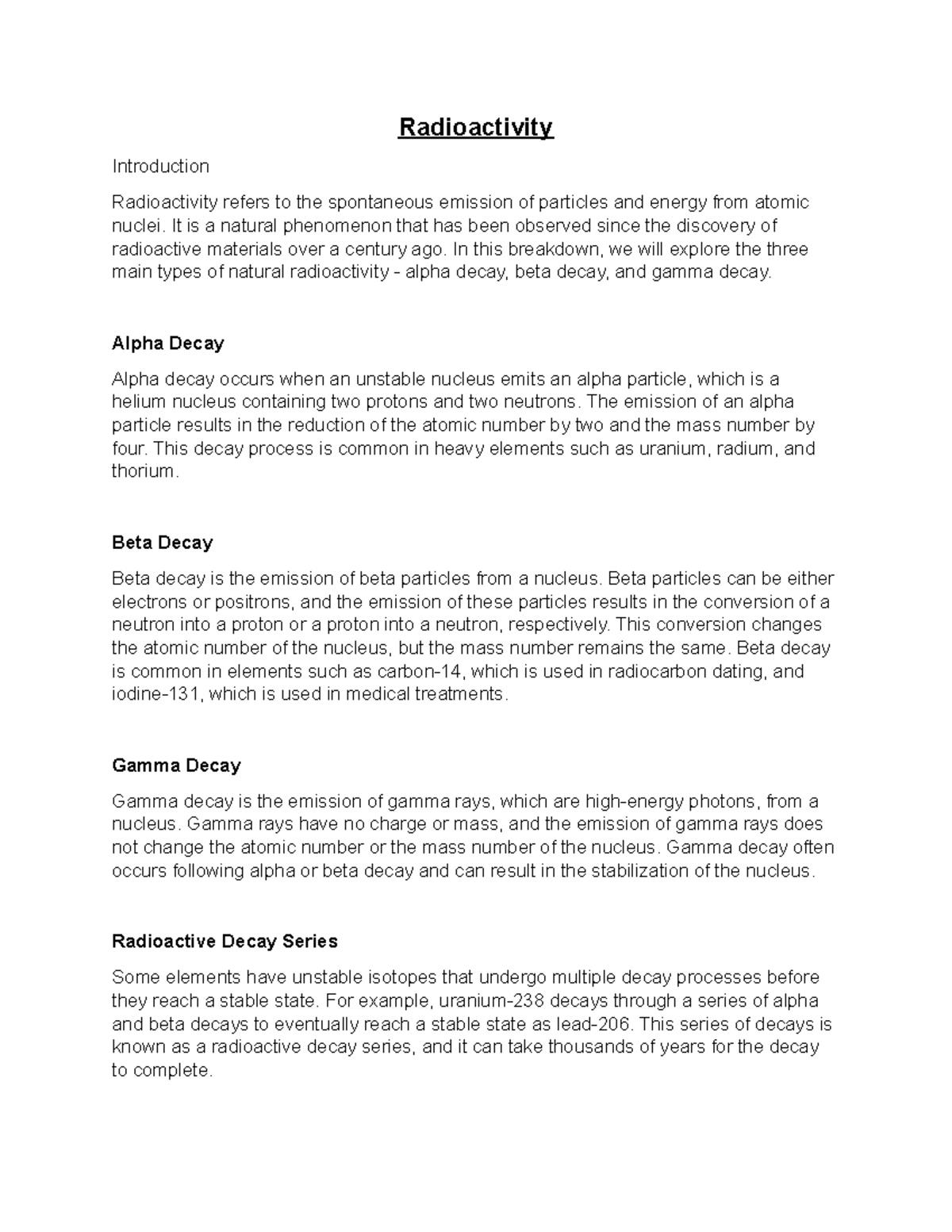 Radioactivity The chapter summary and key concepts from the course
