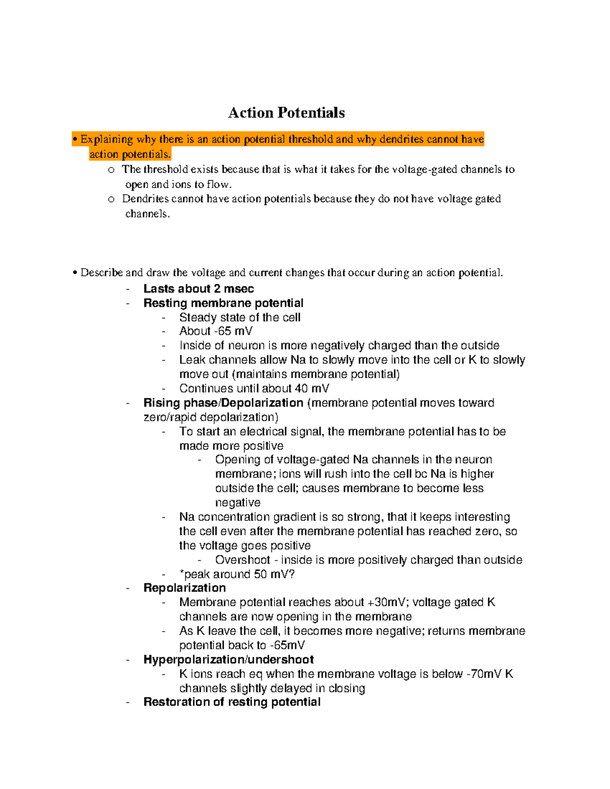 Neurobiology Exam 1 Study Guide - Action Potentials - Action Potentials ...