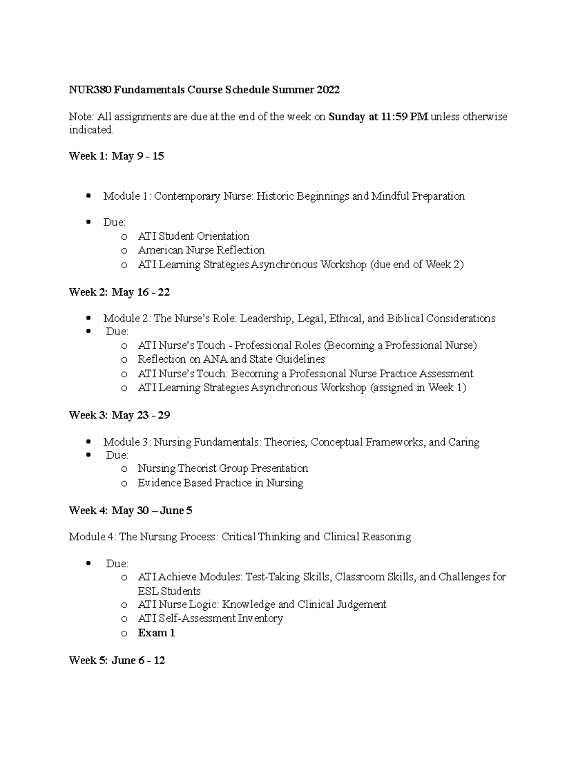 380 Course Outline Summer 2022 - NUR380 Fundamentals Course Schedule ...