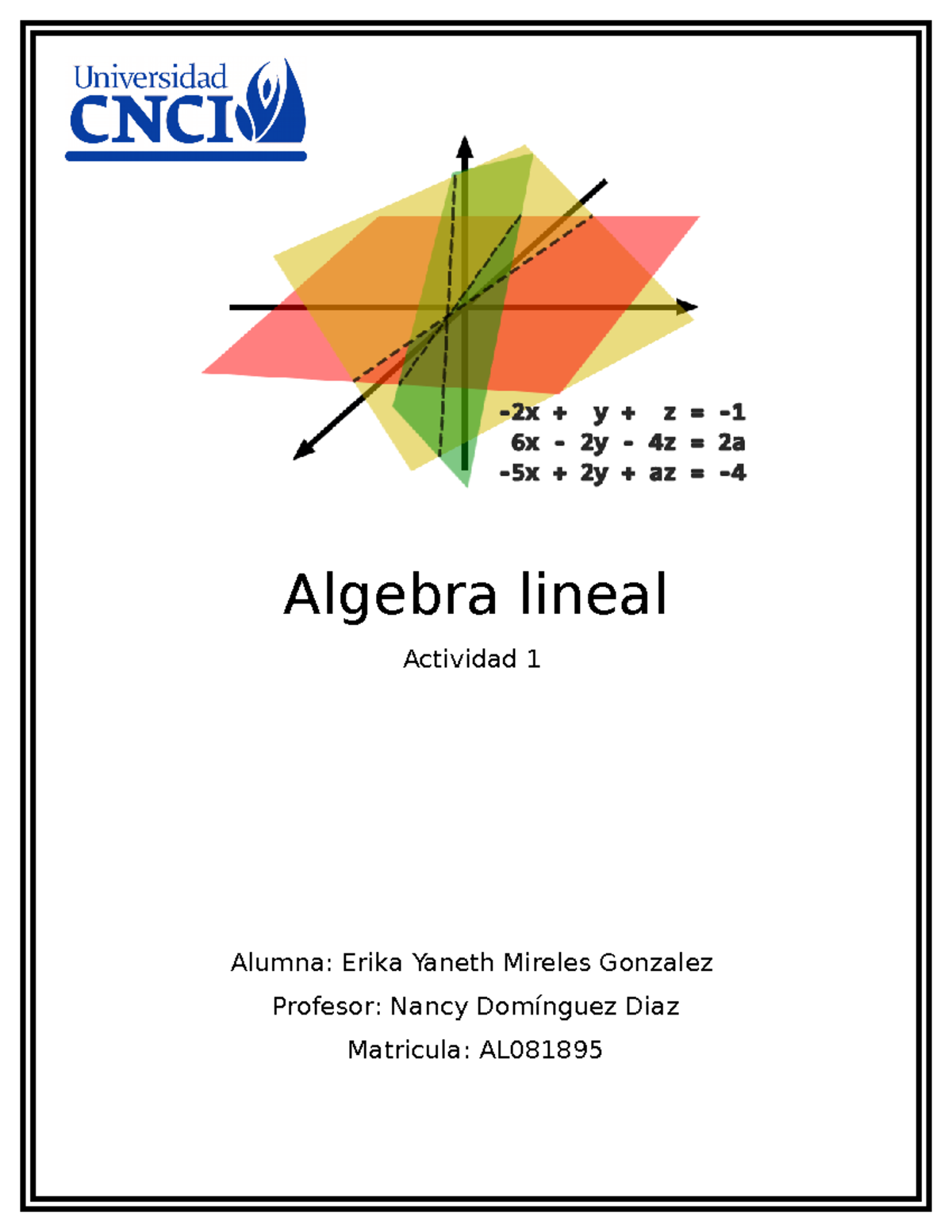 Algebra Lineal Actividad 1 - Algebra Lineal Actividad 1 Alumna: Erika ...