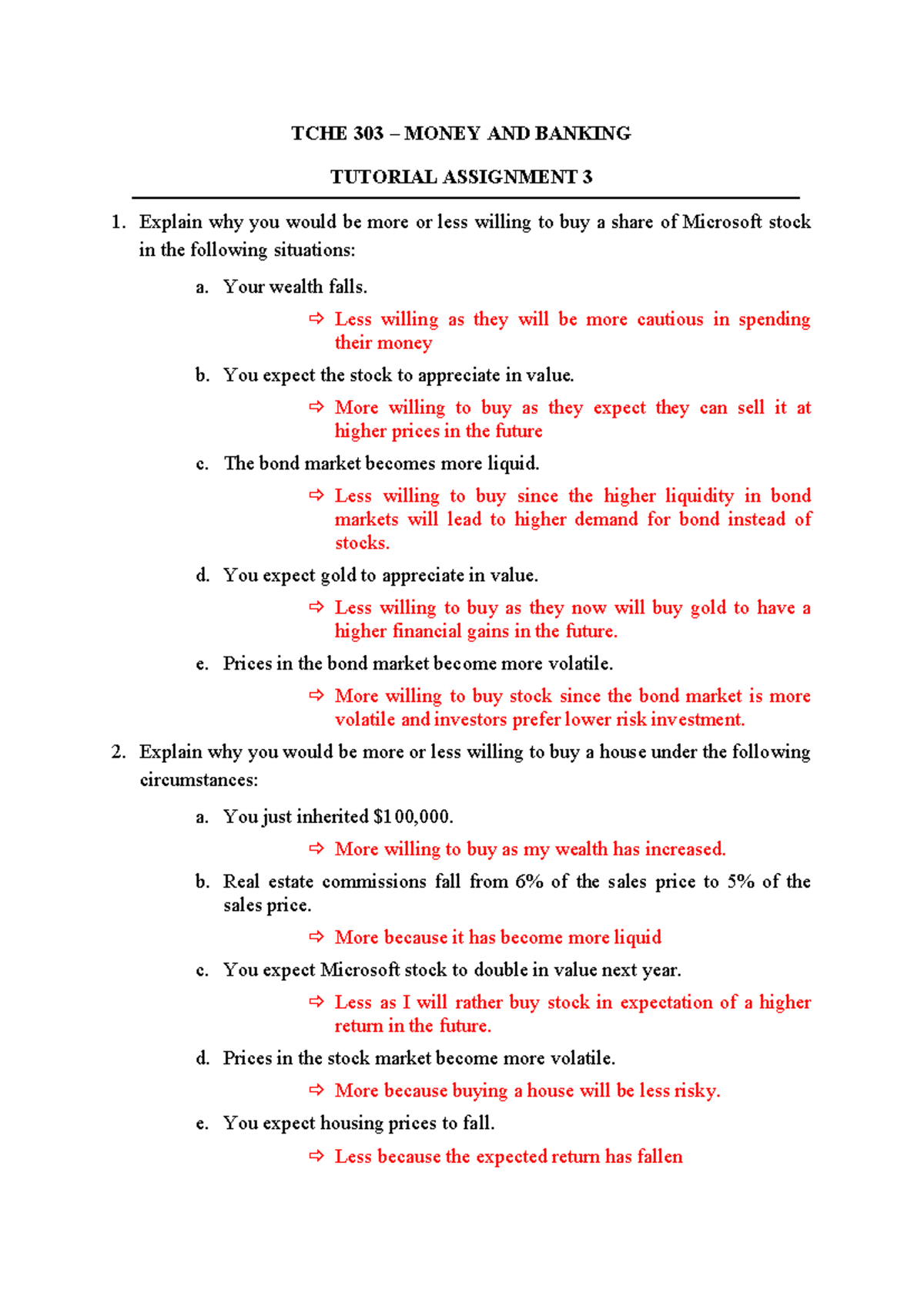 TCHE 303 Tutorial 3 TCHE 303 MONEY AND BANKING TUTORIAL