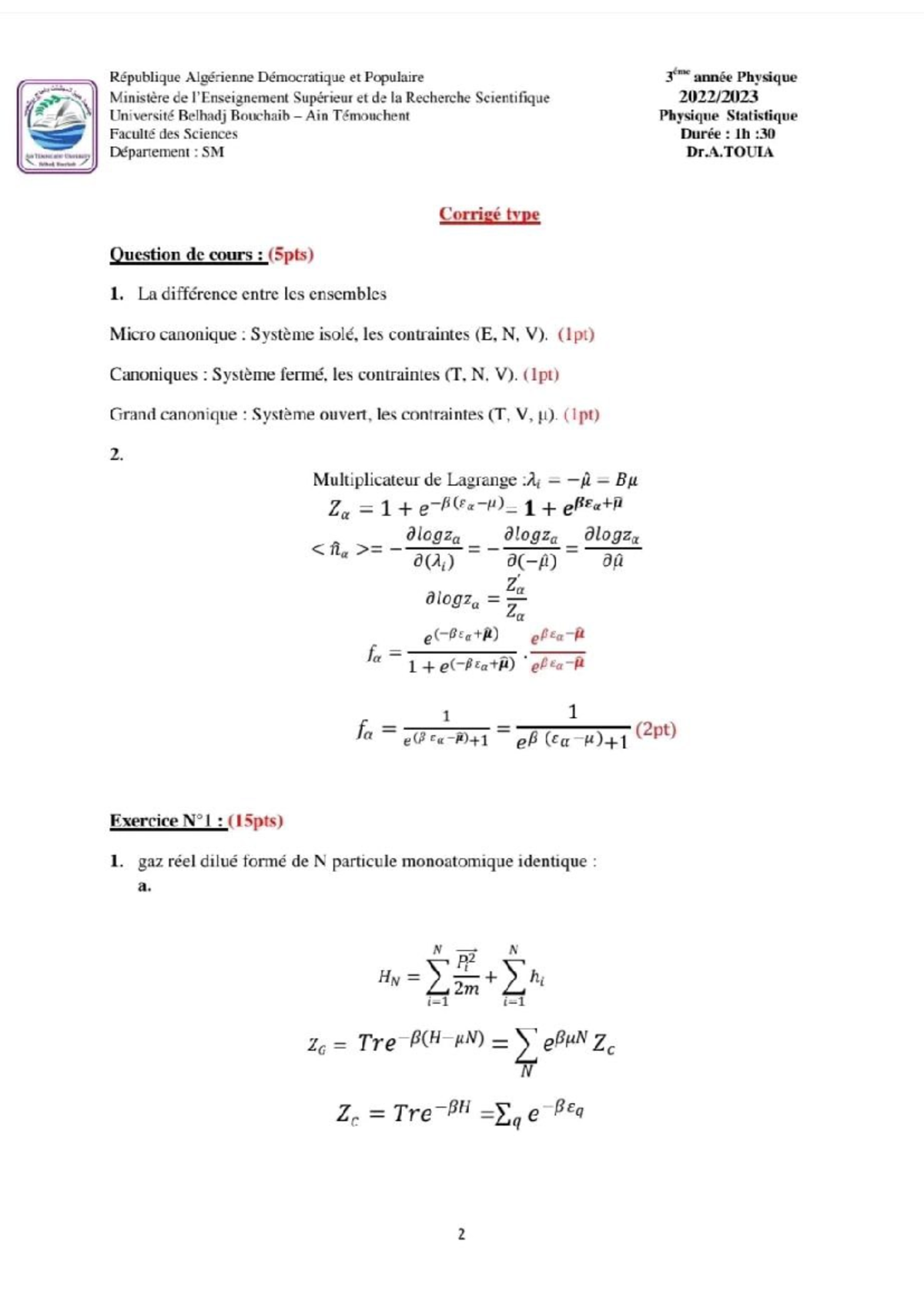 Examen De Physique Statistique - Mathématique Pour La Physique - Studocu