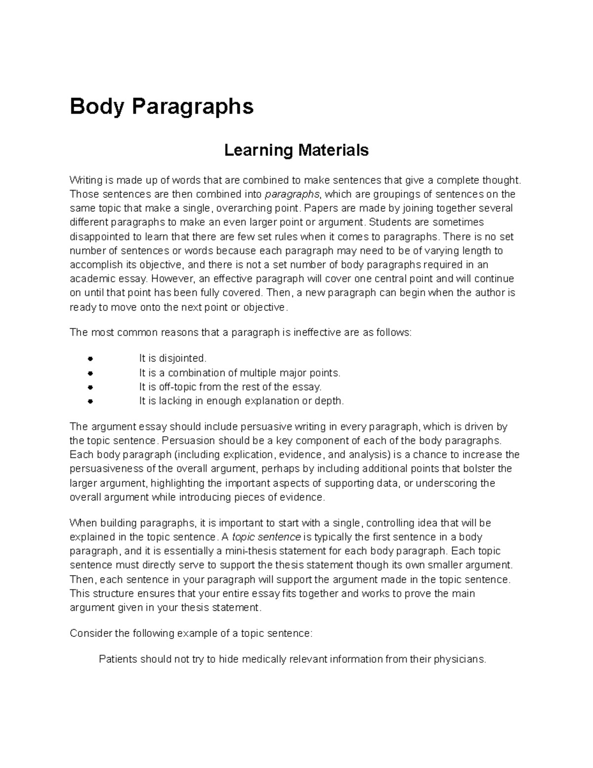 Body Paragraphs - Body Paragraphs Learning Materials Writing is made up ...