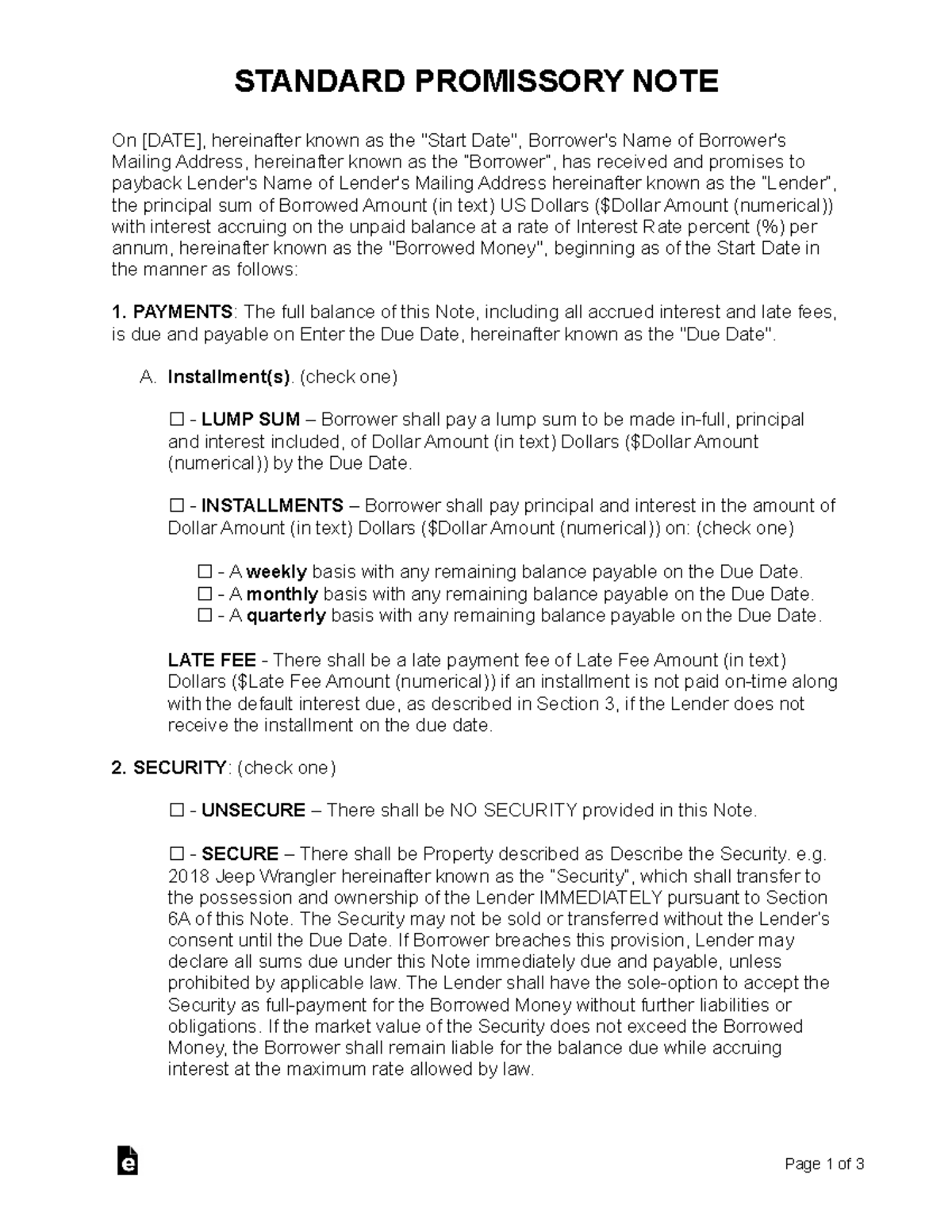 Standard Promissory Note Template - STANDARD PROMISSORY NOTE On [DATE ...