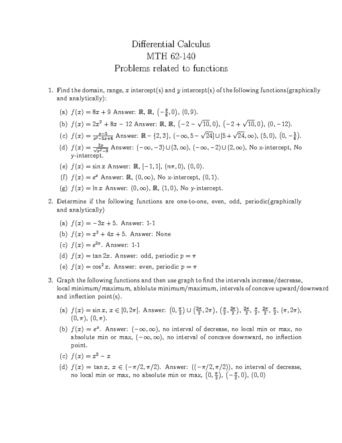 Sample Problems For Function Differential Calculus MTH 62 Problems 