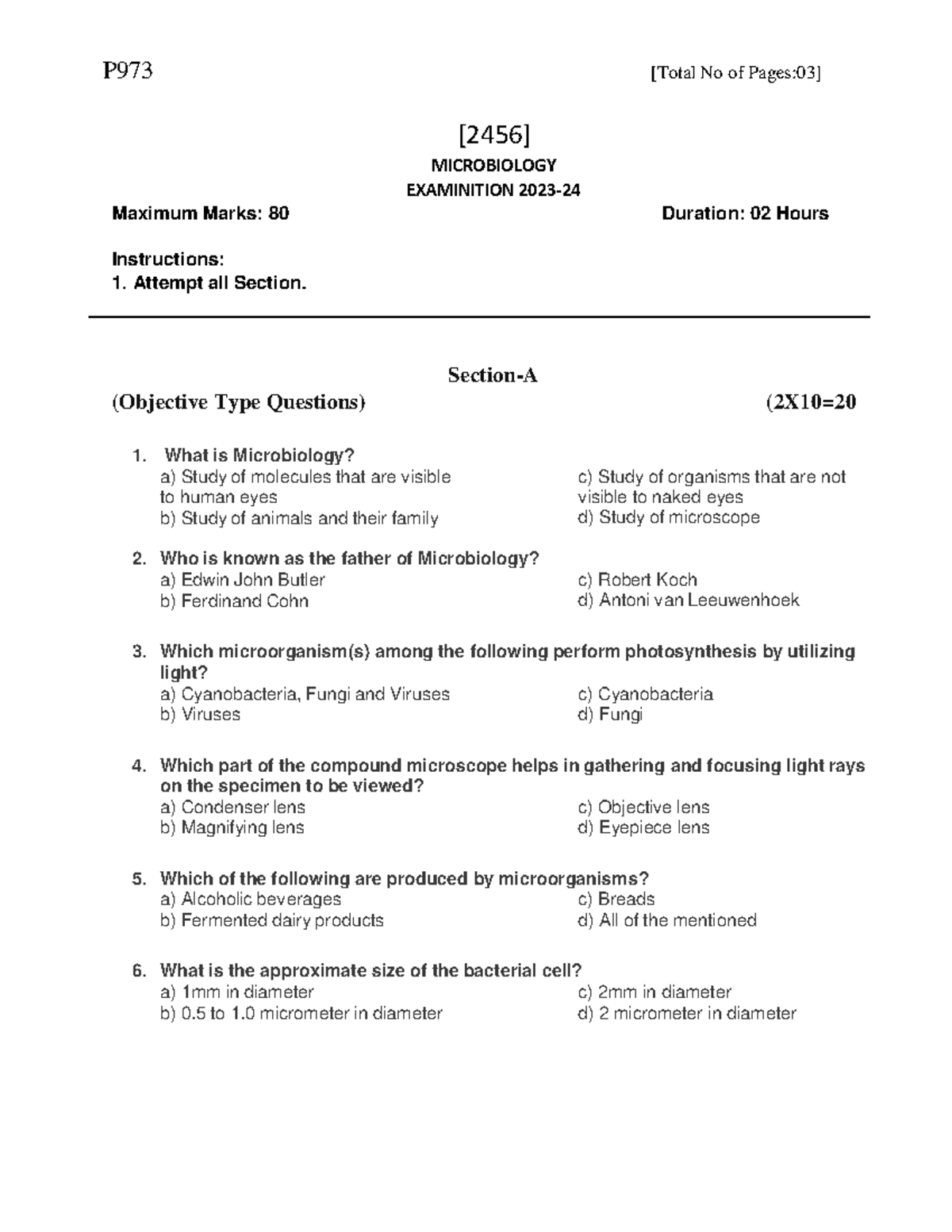 Microbiology .-1 - P973 [Total No of Pages:03] [2456] MICROBIOLOGY ...