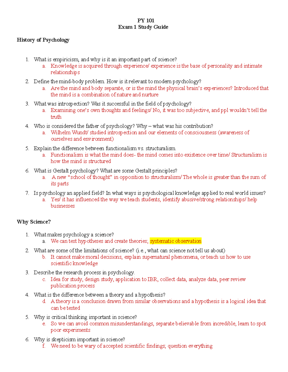 Exam 1 Study Guide - instructor: Cassie Whitt - PY 101 Exam 1 Study ...