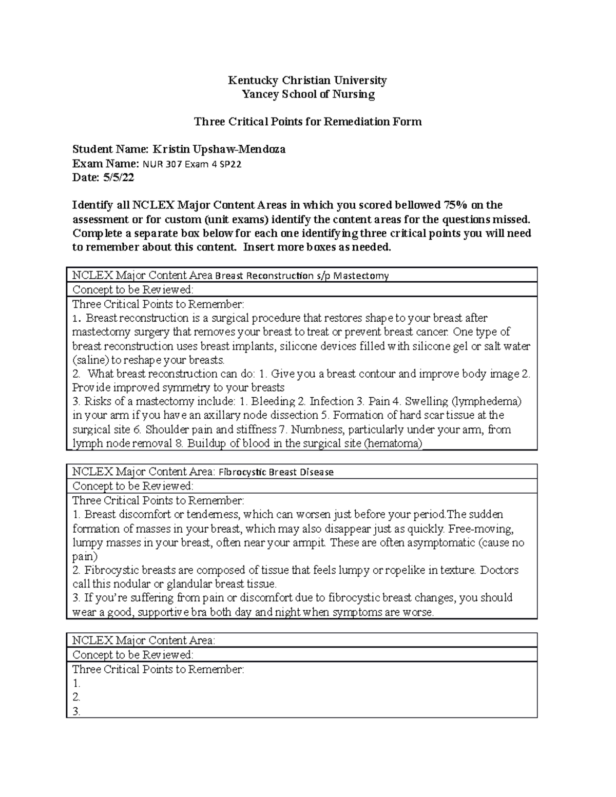 KCU Three Critical Points Remediation Template 18 final exam 4 ...