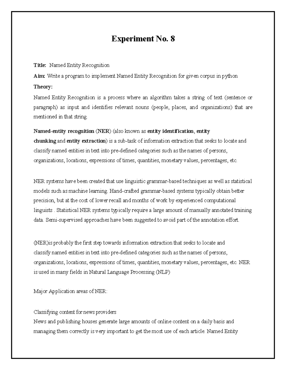 Experiment 8 - 8 Title: Named Entity Recognition Aim: Write a program ...