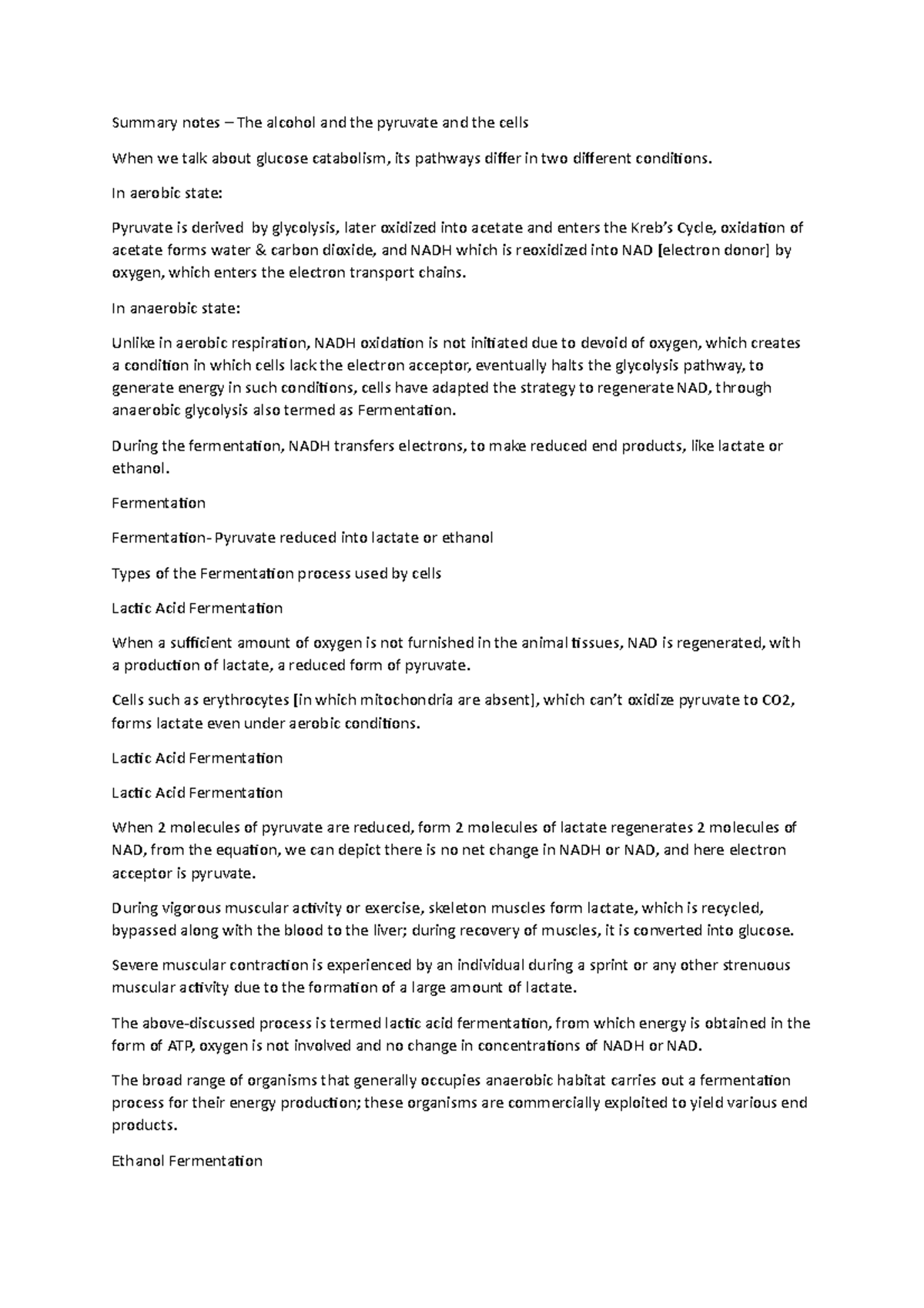 Summary notes – The alcohol and the pyruvate and the cells - BIOL 1406 ...