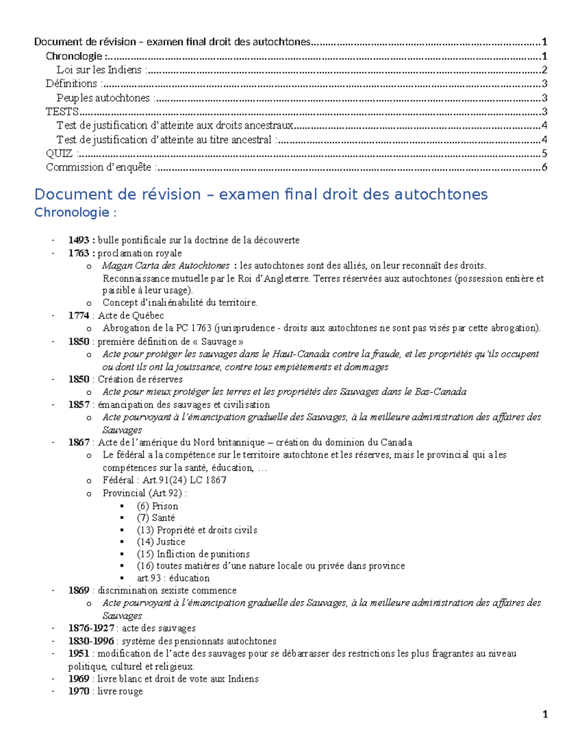 Document de révision – examen final droit des autochtones 1 - - Studocu