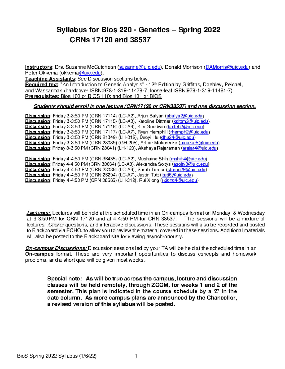 Bio - Syllabus - Syllabus for Bios 220 - Genetics – Spring 2022 CRNs ...