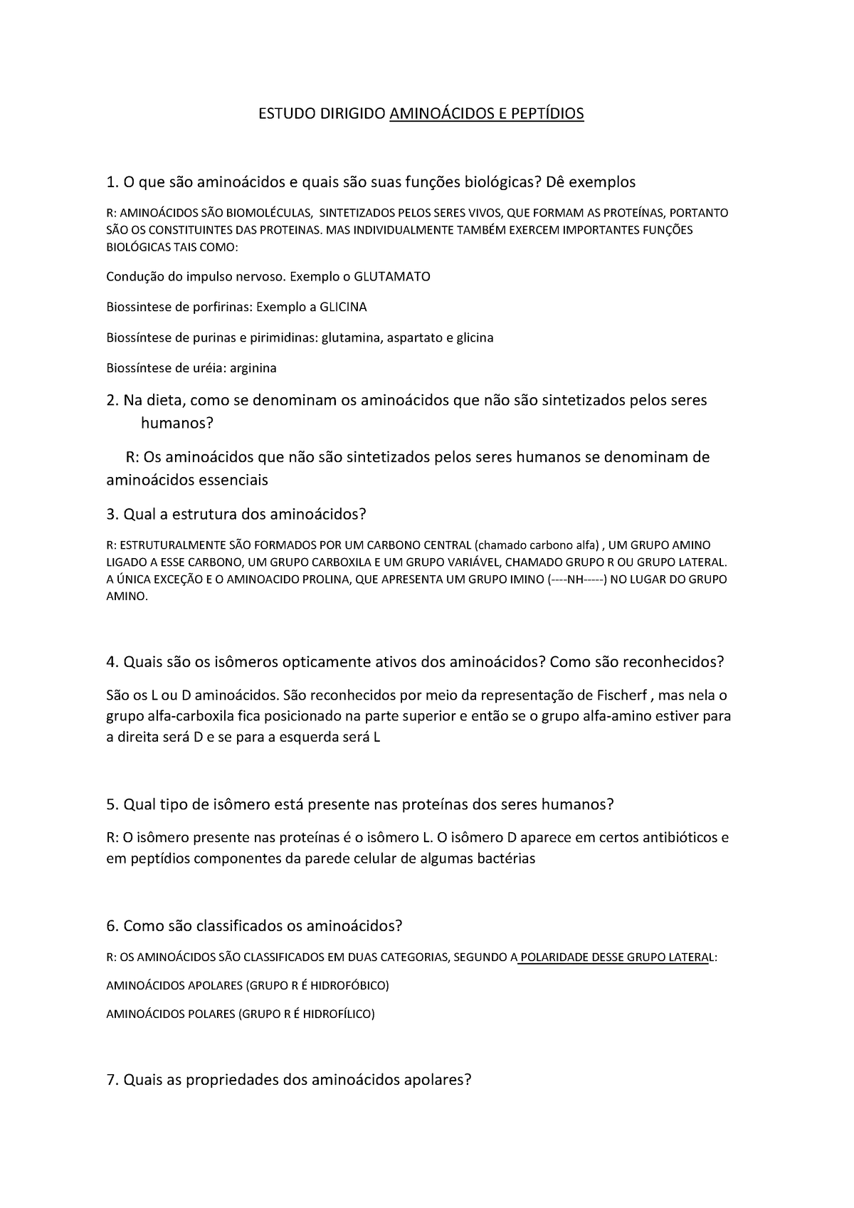 Resposta Questionario Aminoacidos - ESTUDO DIRIGIDO AMINOÁCIDOS E ...