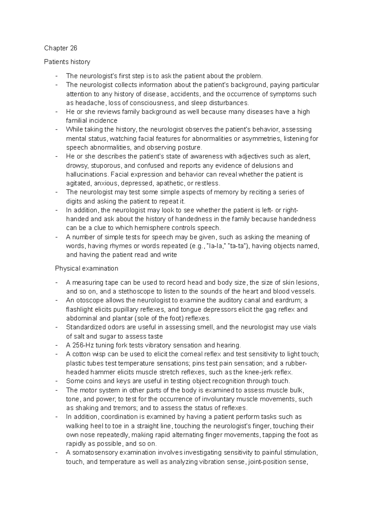 Chapter 26 - Neuro notes - Chapter 26 Patients history - The ...