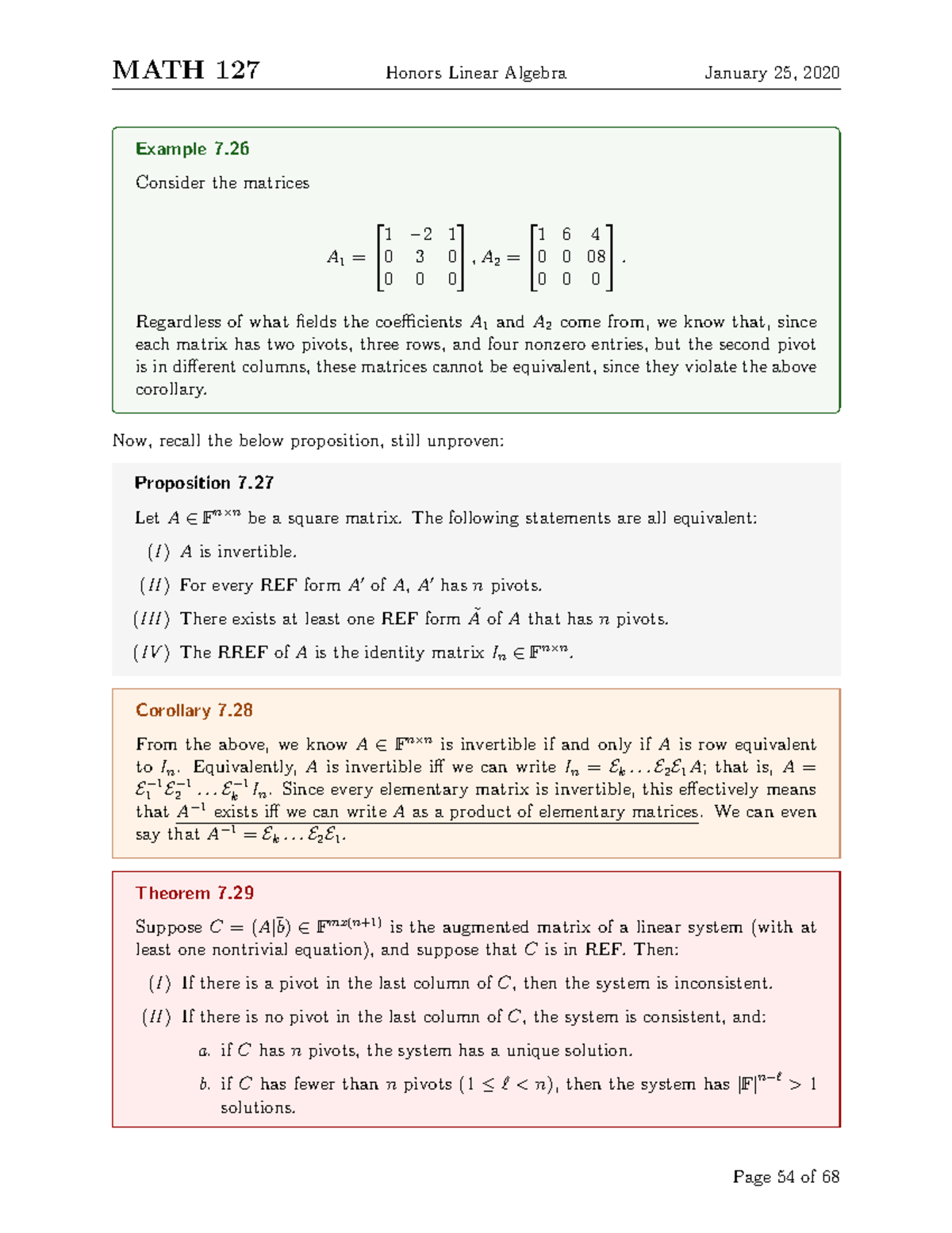 MATH 235-54 - Lecture notes 54 - MATH 127 Honors Linear Algebra January ...