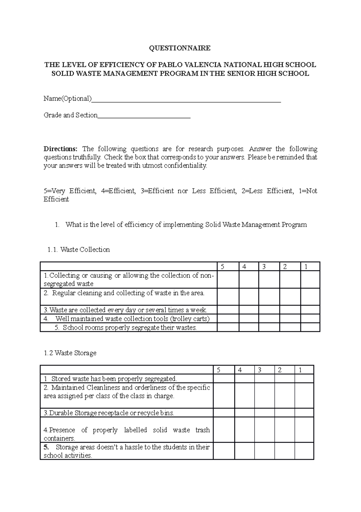 Questionnaire AND Letter - QUESTIONNAIRE THE LEVEL OF EFFICIENCY OF ...