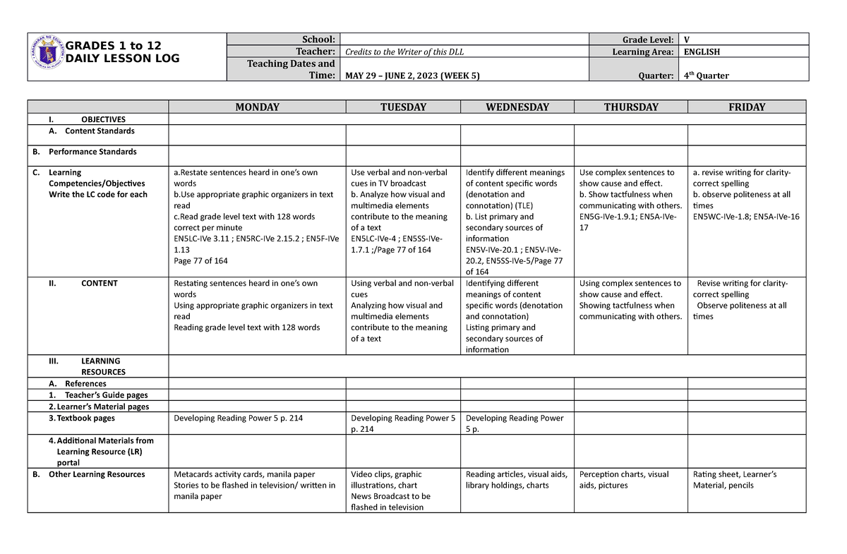 Grade 5 DLL English 5 Q4 Week 5 - GRADES 1 to 12 DAILY LESSON LOG ...