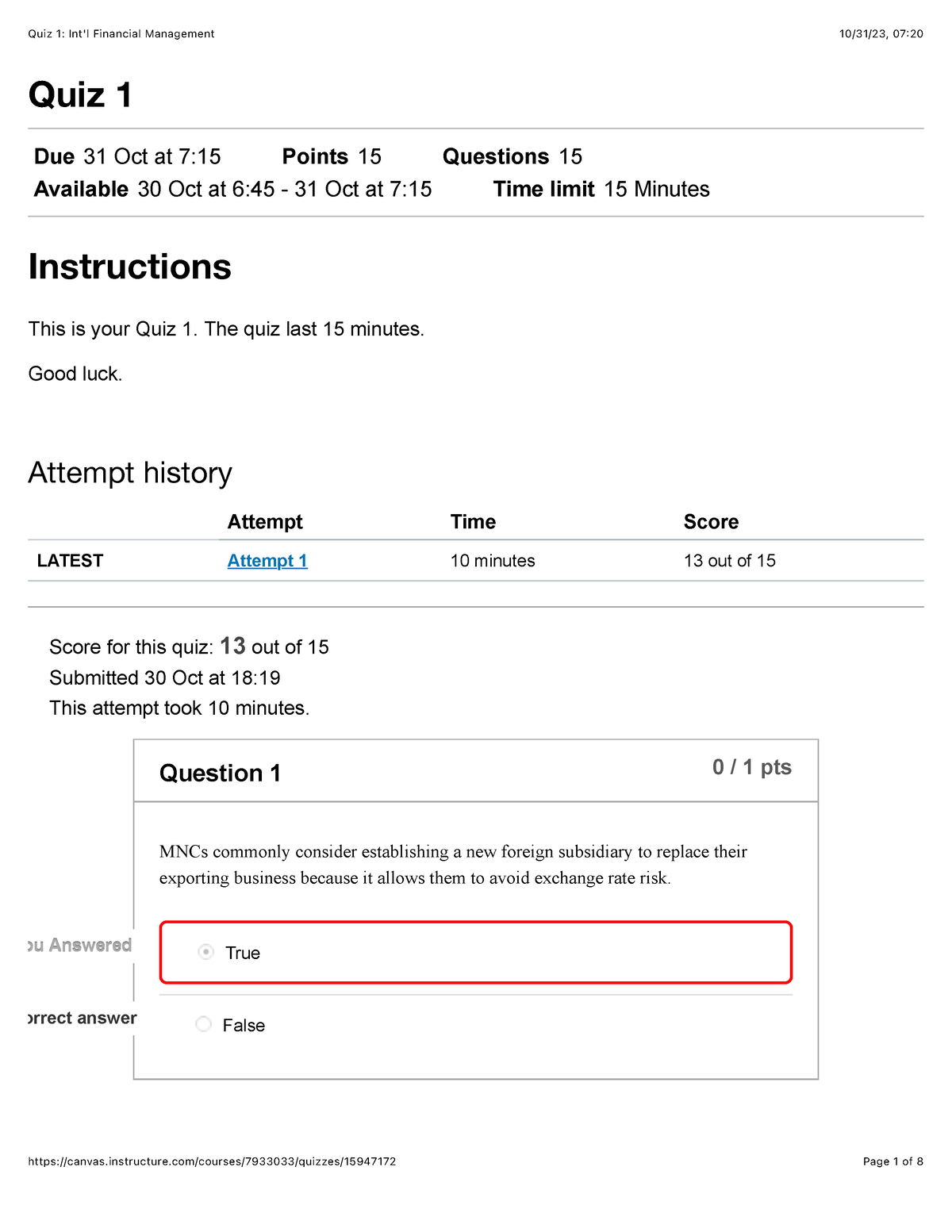 Quiz 1: Int'l Financial Management - Quiz 1 Due 31 Oct At 7:15 Points ...