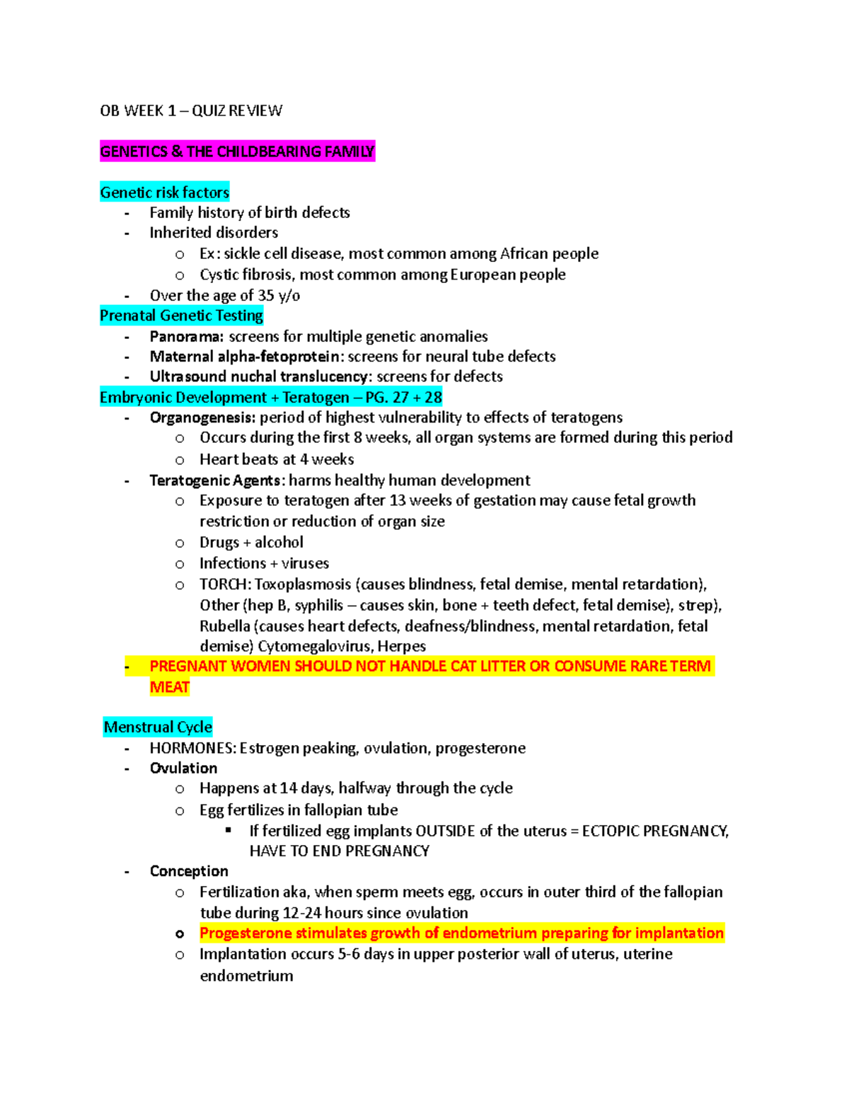 OB WEEK 1 - ob notes - OB WEEK 1 – QUIZ REVIEW GENETICS & THE ...