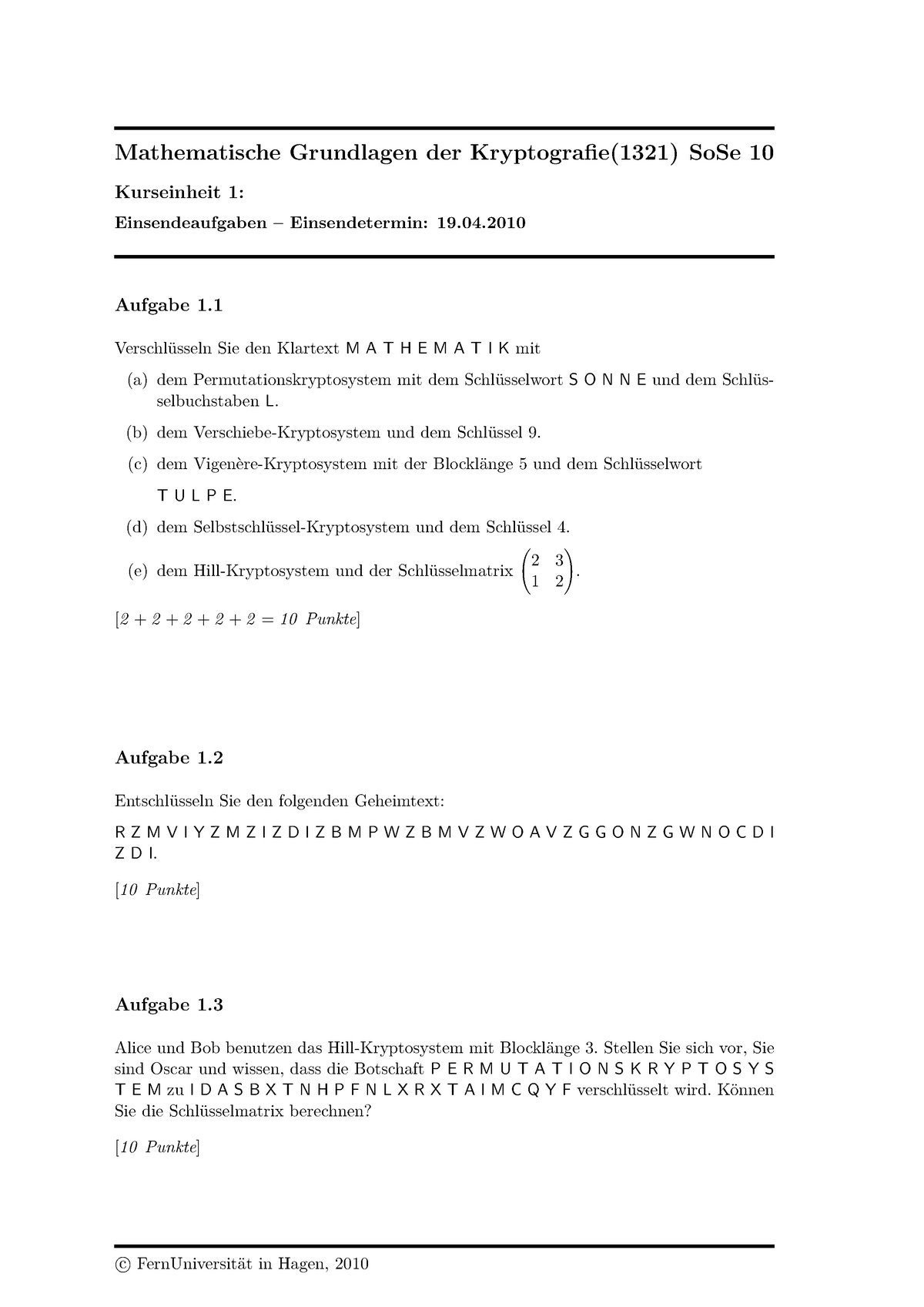 1321-Einsendeaufgabe1-2010 - Mathematische Grundlagen Der Kryptografie ...