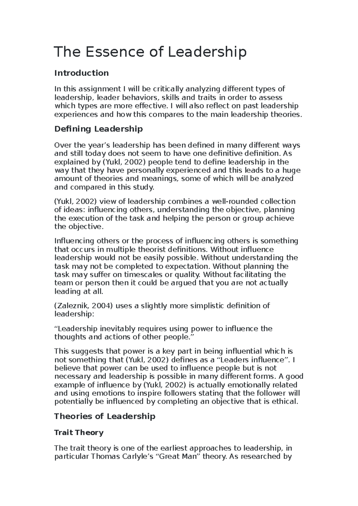 Leadership - The Essence of Leadership Introduction In this assignment ...