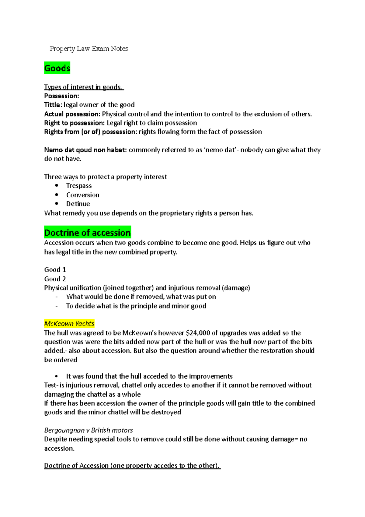 Property LAW EXAM Notes Property Law Exam Notes Goods Types of interest in goods. Possession