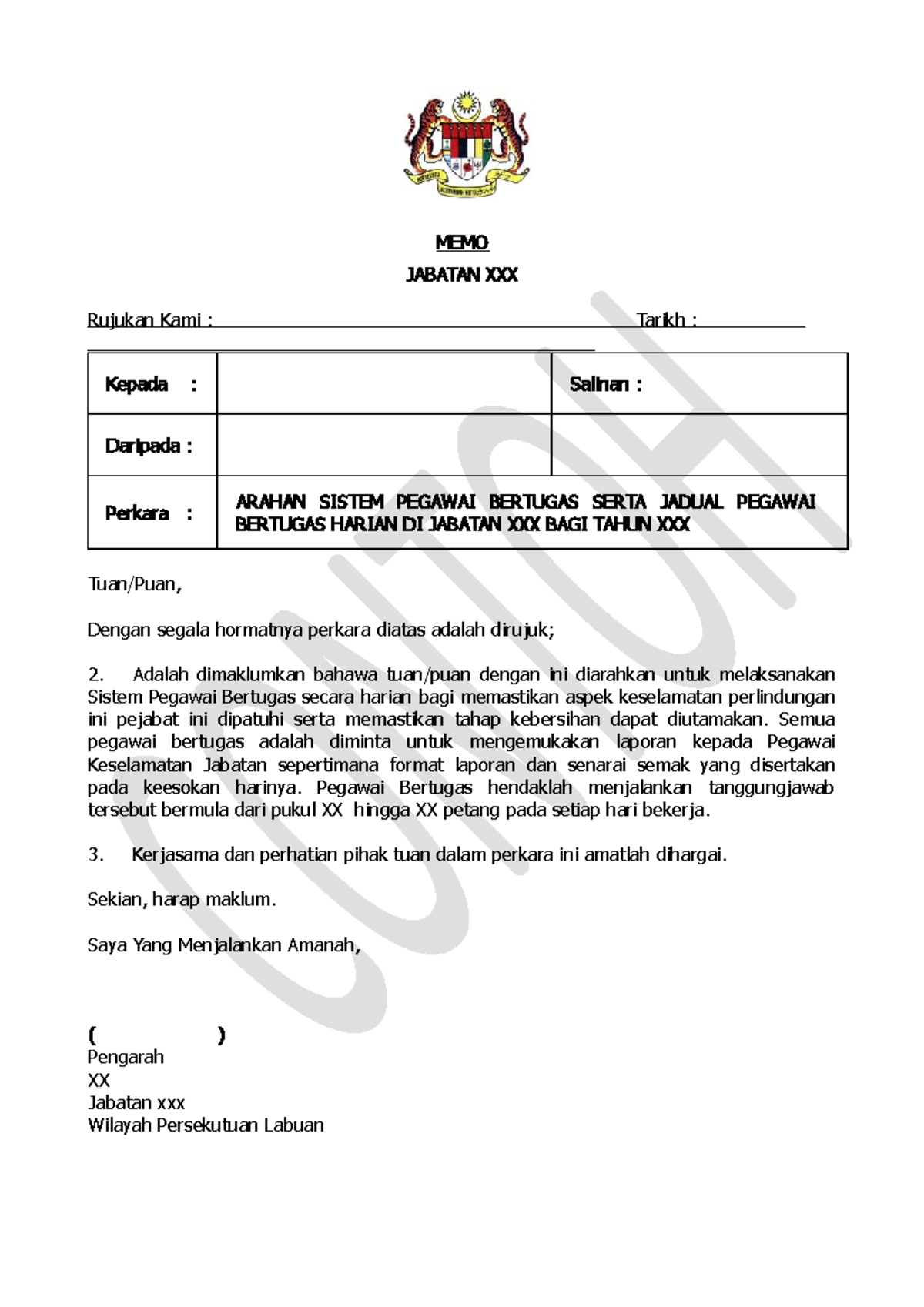 Contoh Pegawai Bertugas - MEMO JABATAN XXX Rujukan Kami : Tarikh ...