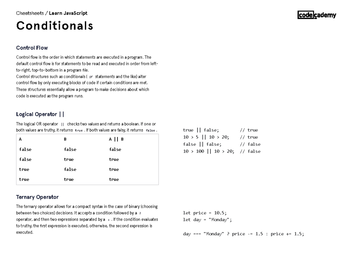 02 Learn Java Script Conditionals Cheatsheet Codecademy-1 - Control Ow ...