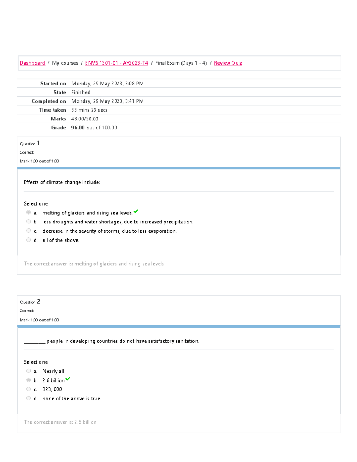 ENVS 1301 Review Quiz Attempt Review - Started On Monday, 29 May 2023 ...