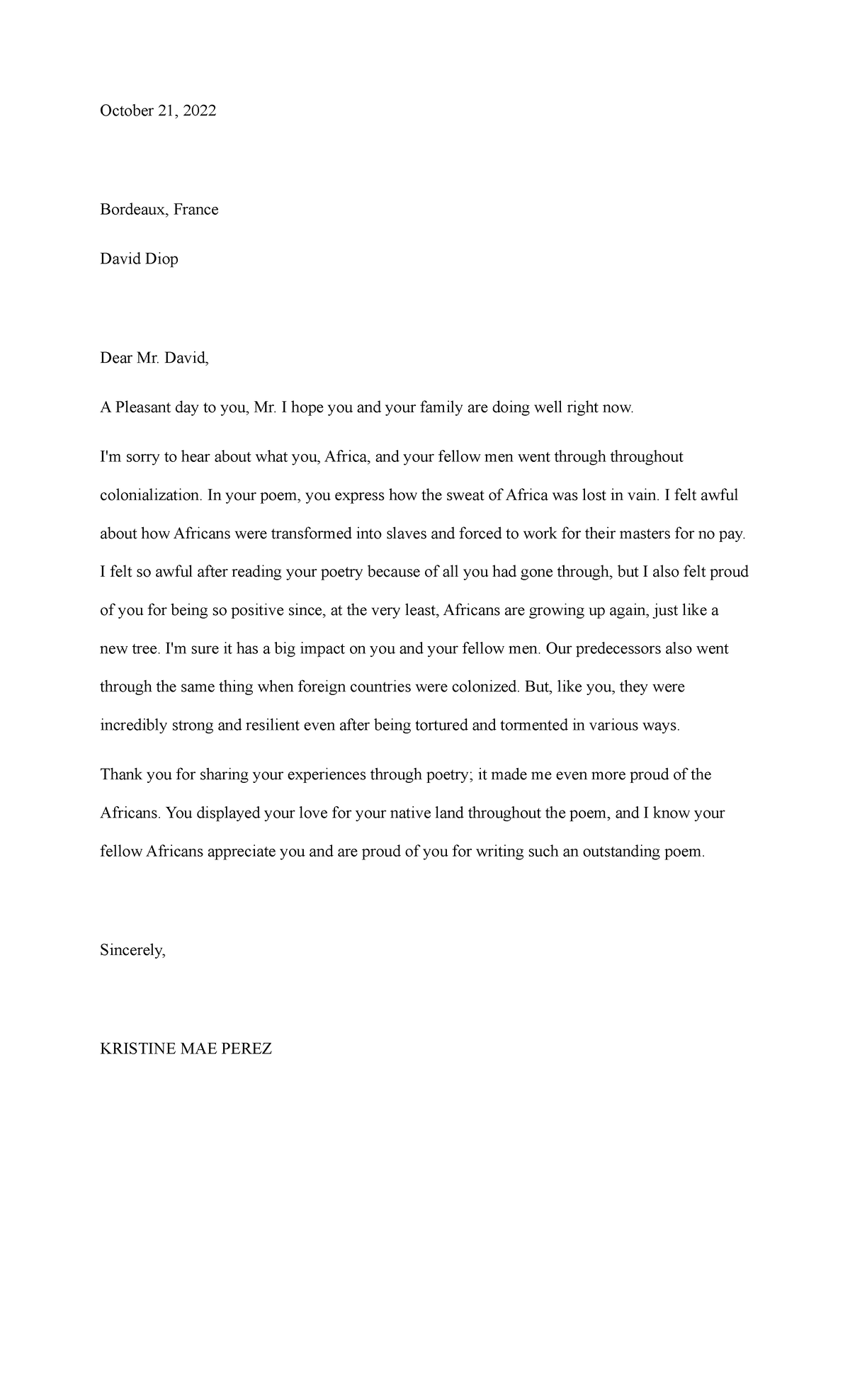 Response letter - October 21, 2022 Bordeaux, France David Diop Dear Mr ...