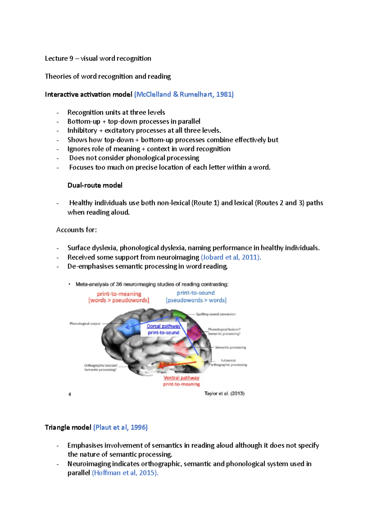 Memory and attention Lecture 9 - Lecture 9 visual word recognition ...