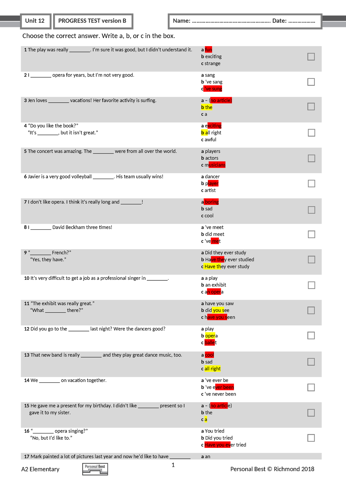 PB Am E A2 Unit Test U12 Version B - Unit 12 PROGRESS TEST Version B ...