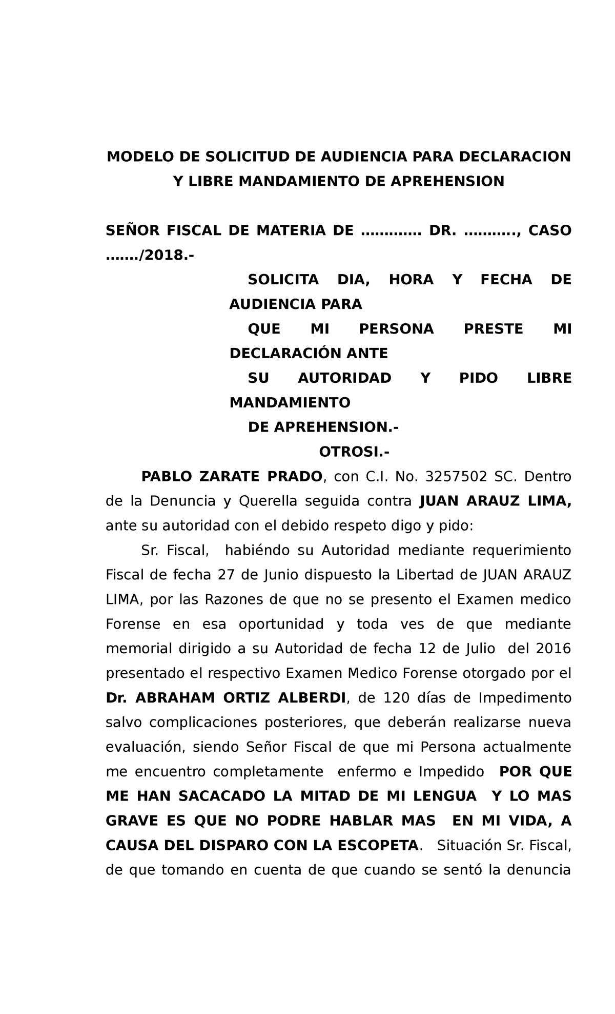 Solicitud DE Audiencia PARA Declaracion Y Aprehension - MODELO DE ...