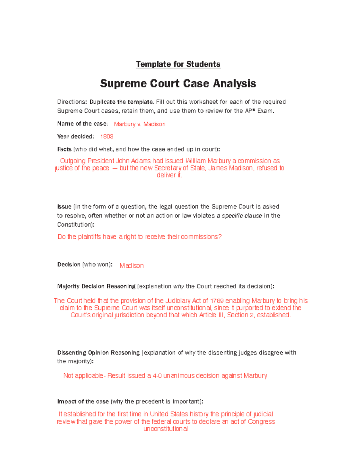 Marbury v. Madison 1803 Template for Students Supreme Court Case Analysis Directions Duplicate Studocu