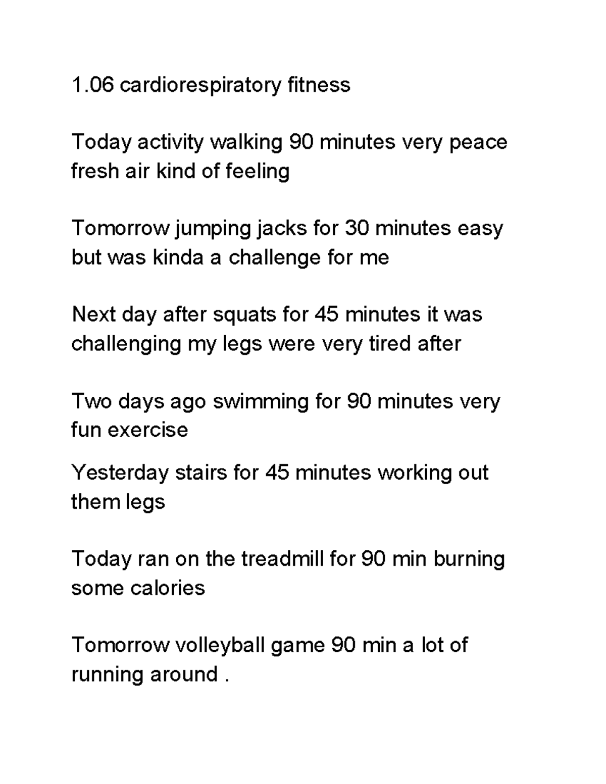 1.06 fitness - workout - 1 cardiorespiratory fitness Today activity ...