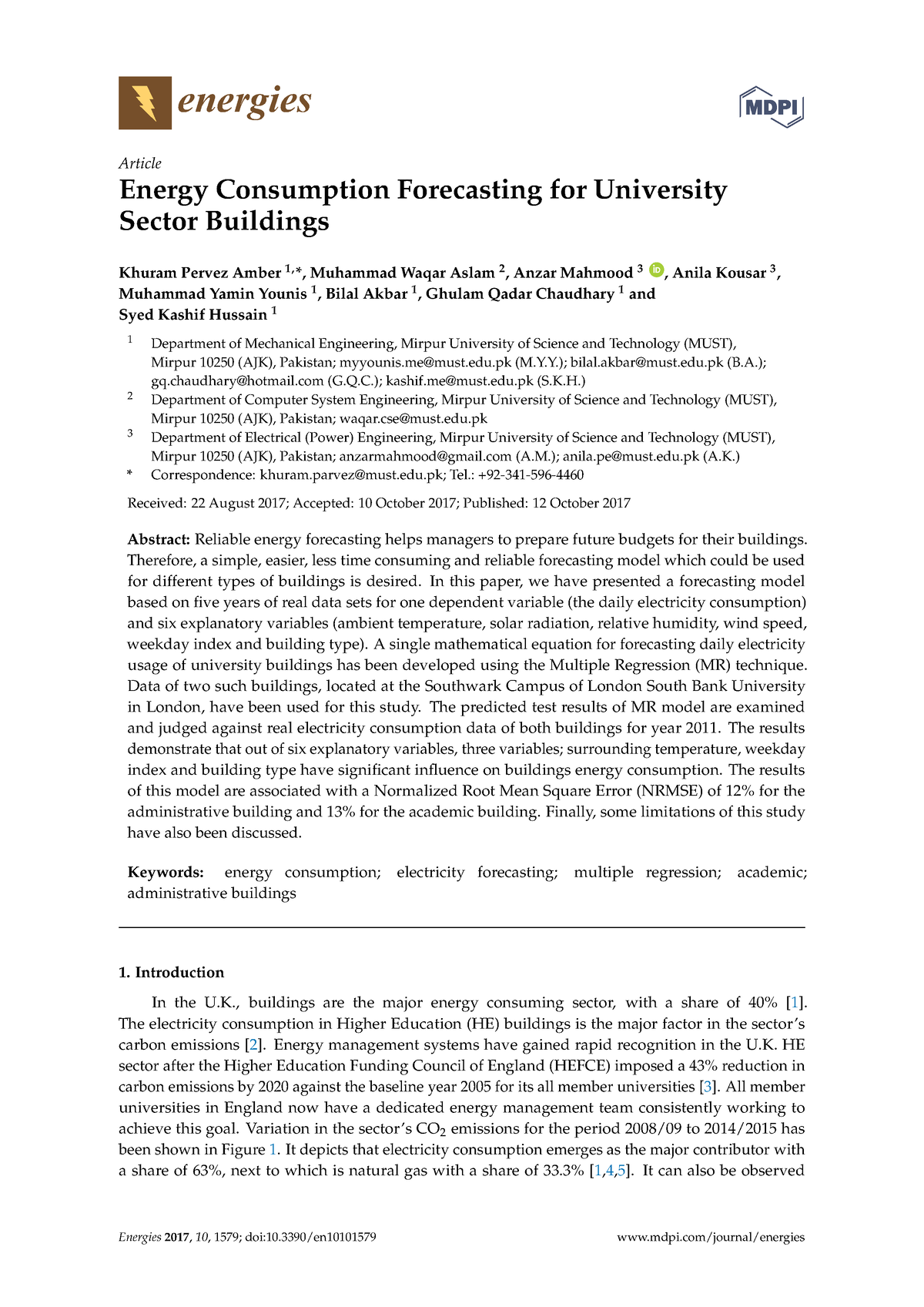 Energies 10 01579 V2 - Energies Article Energy Consumption Forecasting ...