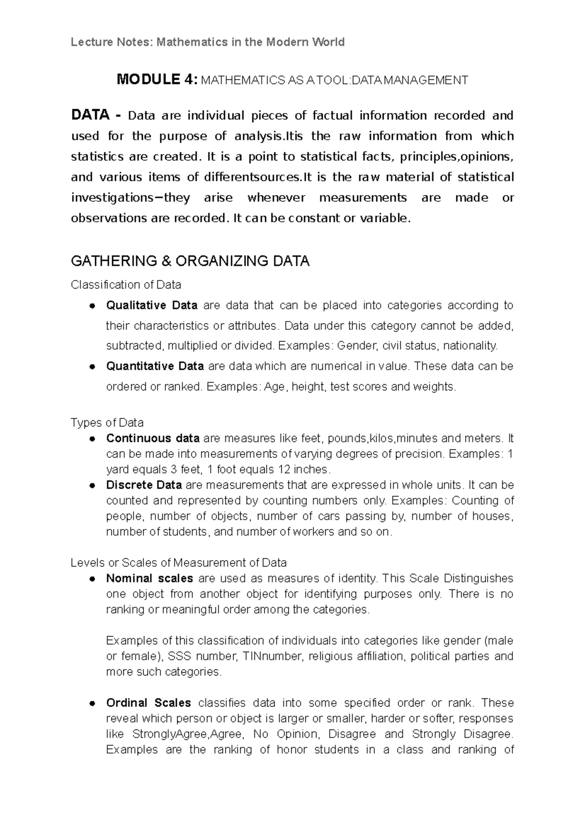 Lecture Notes Mathematics as a tool Data Management - MODULE 4 ...
