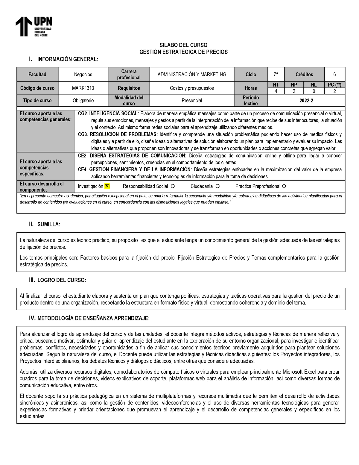 Sílabo - Silabo - SILABO DEL CURSO GESTIÓN ESTRATÉGICA DE PRECIOS I ...