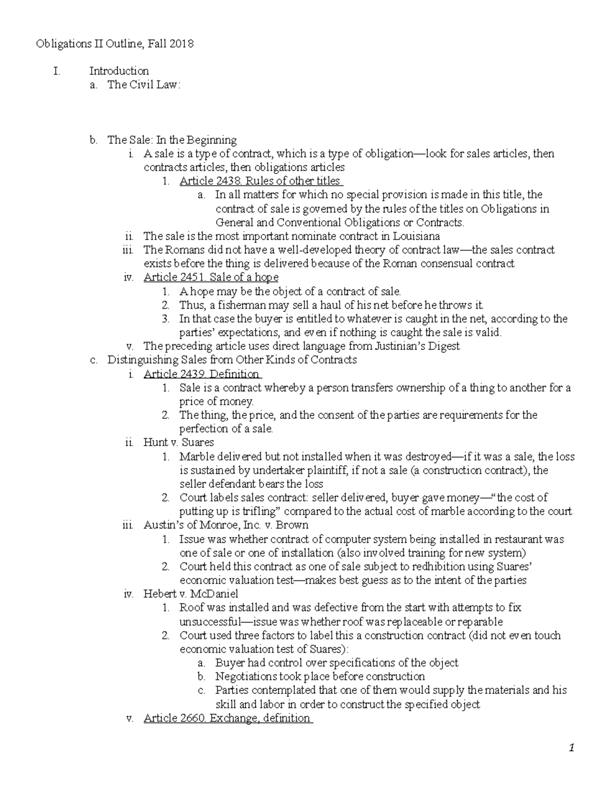 Obligations Ii- Scalise Fall 2018 - Obligations Ii Outline, Fall 2018 I 