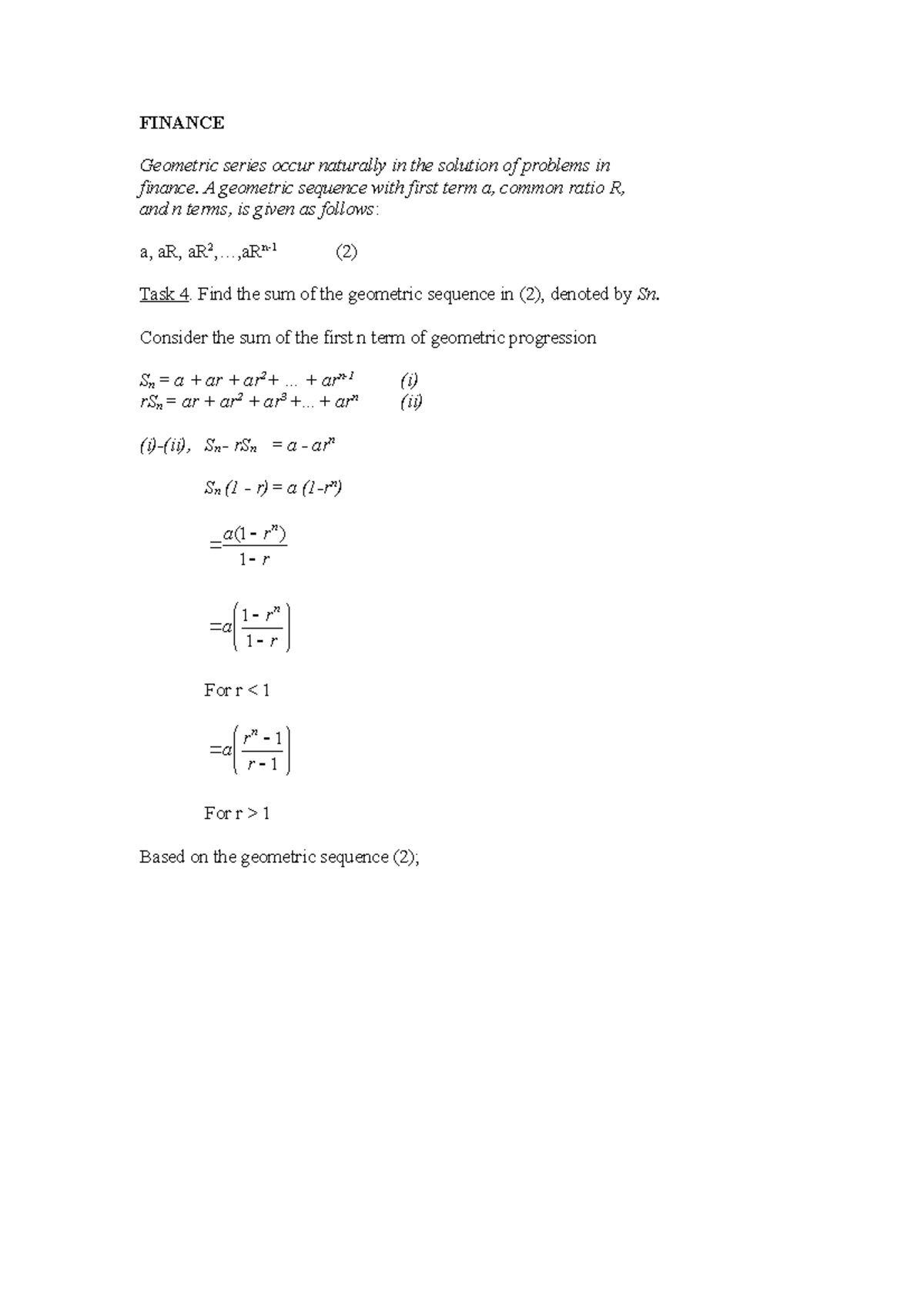 Algebra Finance - FINANCE Geometric Series Occur Naturally In The ...