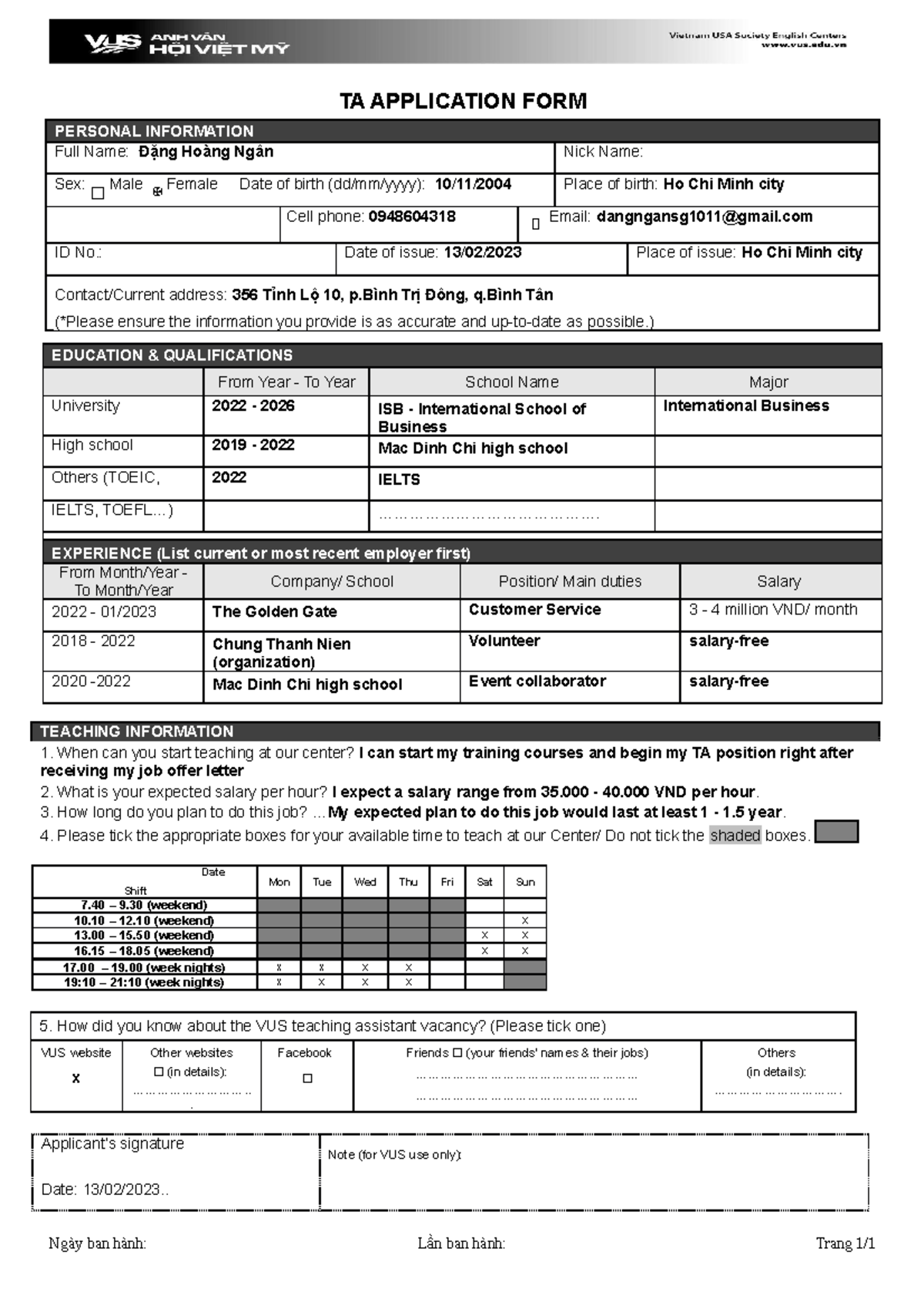 Dang Hoang Ngan TA ApplicationFORM TA APPLICATION FORM PERSONAL