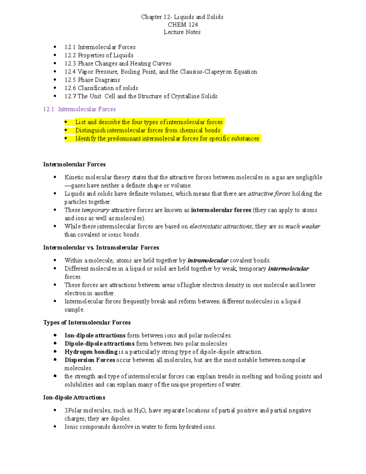 Chapter 12 notes - CHEM 124 Lecture Notes 12 Intermolecular Forces 12 ...