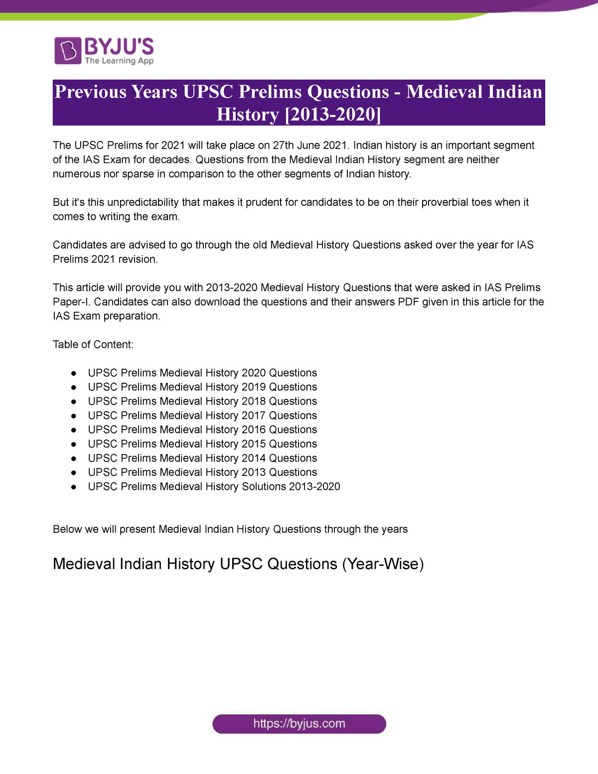 Previous Years UPSC Prelims Questions Medieval Indian History 2013 2020 ...