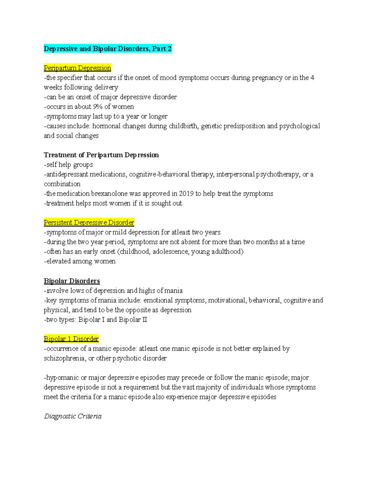 PSYC3230 2 21 - Exam 2 Notes; Bipolar Disorder and Treatment ...