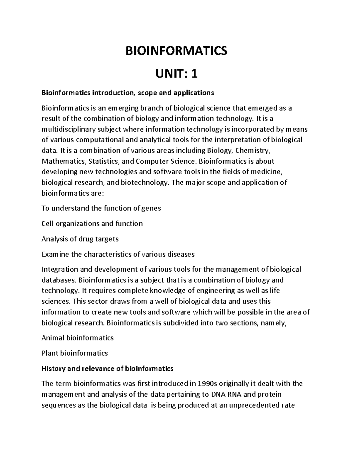 Bio Informatics Intro - BIOINFORMATICS UNIT: 1 Bioinformatics ...