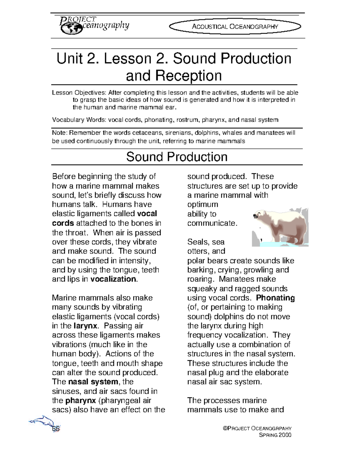 Sound Notes - ©PROJECT OCEANOGRPAHY 66 Unit 2. Lesson 2. Sound ...