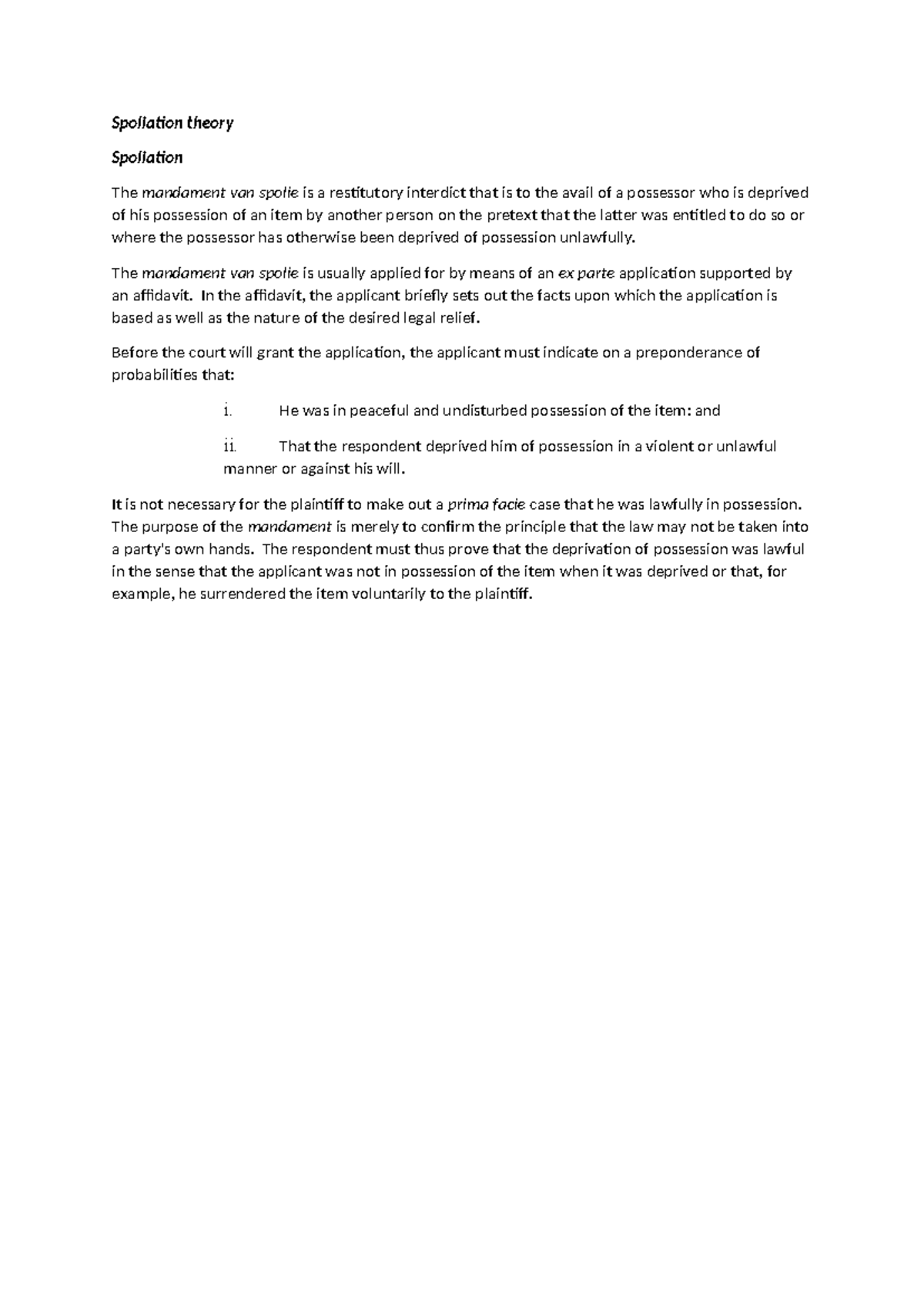 Spoliation theory - Summary civil procedure - Spoliation theory ...