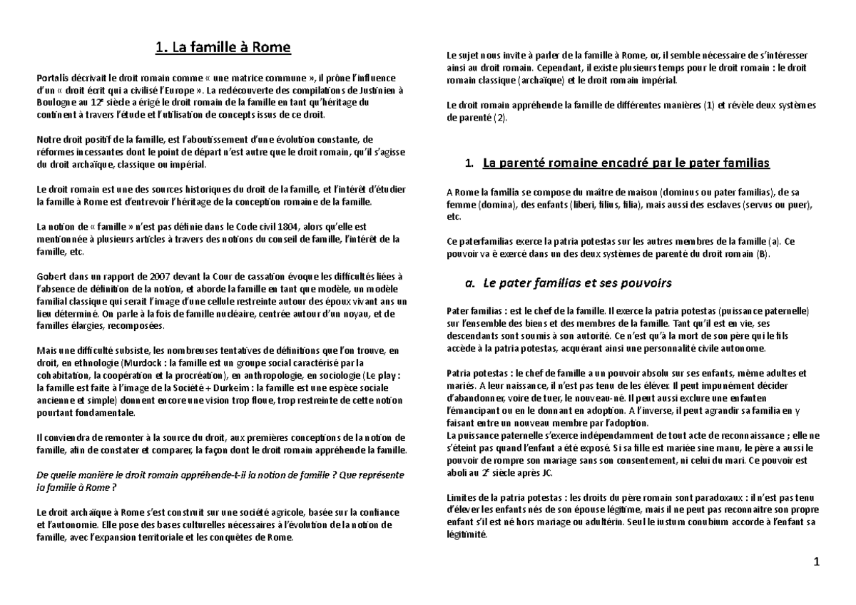 Sujets Oral Histoire du Droit privée - 1. La famille à Rome Portalis