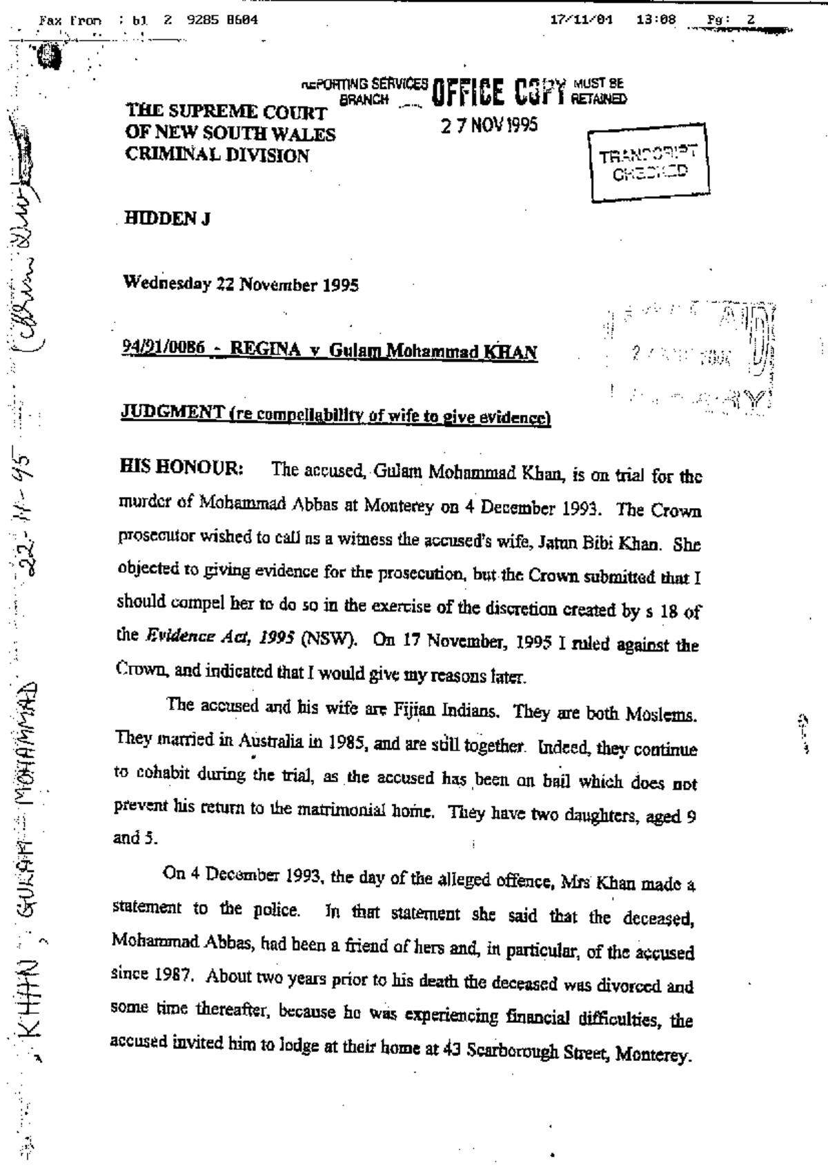 R v Khan Nswsc 1995 13 pg 2 Fax froJ'l'l 61 2 9285 8664 17/11