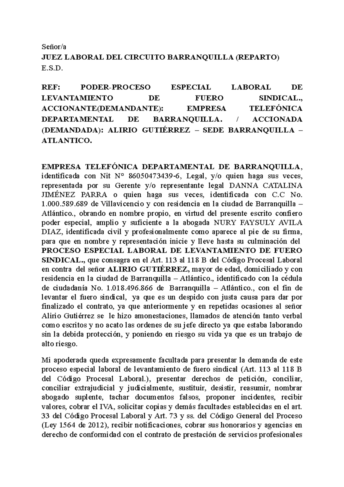 Demanda Laboral - es trabaji ez de la U - Señor/a JUEZ LABORAL DEL ...
